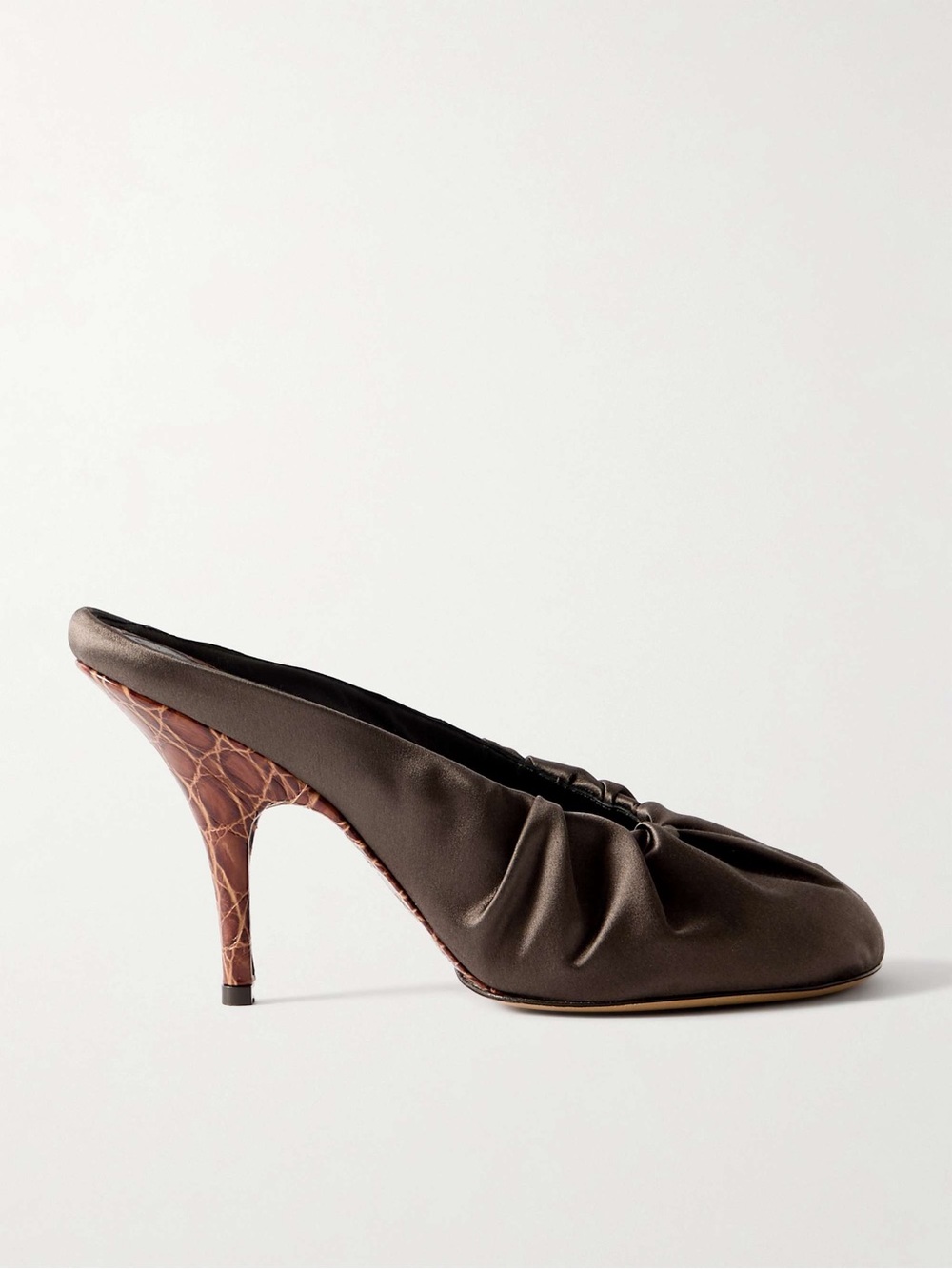 Dries Van Noten Brown Satin Slingback Heels with Croc-Trim